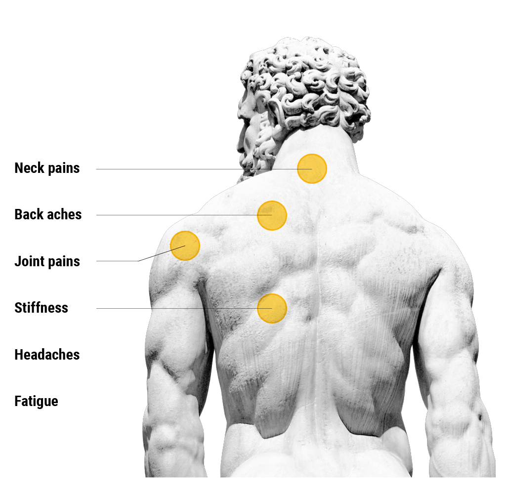 Statue seen from the back with highlighted pressure points for neck pains, back aches, joint pains, stiffness, headaches and fatigue